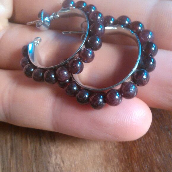 Mozambique Garnet Stainless Steel Hoop Earrings - Picture 7 of 8